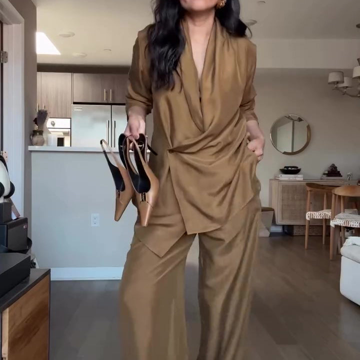 Wrap-style Satin Blouse And Wide-leg Pants Set