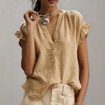 Casual V-Neck Cotton-Linen Blouse - khaki
