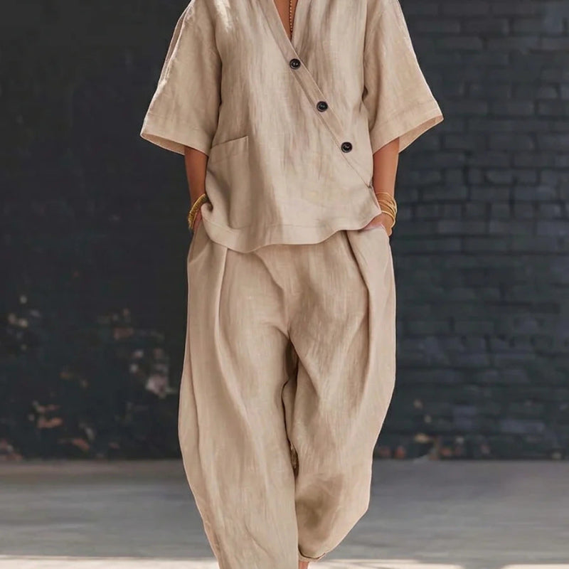 Loose-fit V-neck Top And High-waist Trousers - khaki
