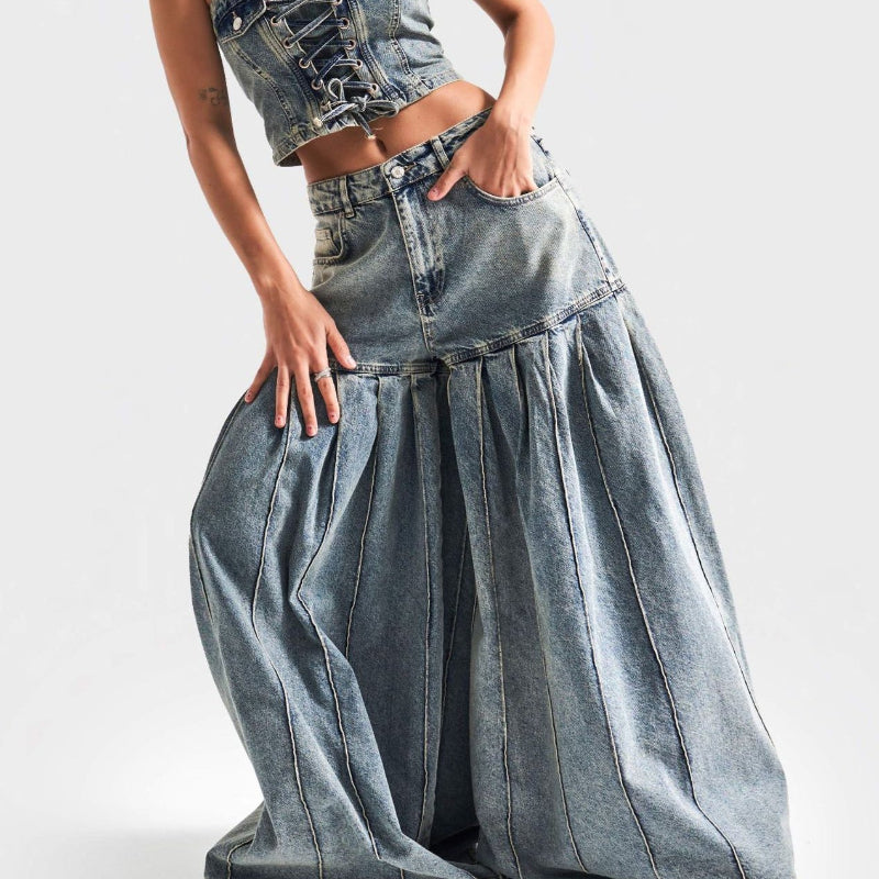 Strapless Denim Corset Crop Top & High - Waisted PleatedWide - Leg Pants Set