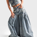 Strapless Denim Corset Crop Top & High - Waisted PleatedWide - Leg Pants Set