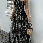 Elegant Polka-dot Off-shoulder Midi Dresses - black