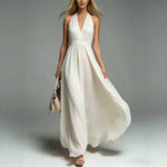 V-neck Sleeveless Waist-cinching Maxi Dress - white