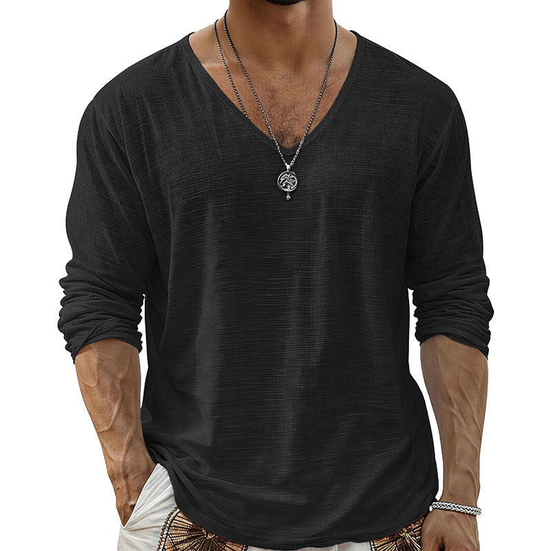 Men's Textured V-Neck Long Sleeve Top - black