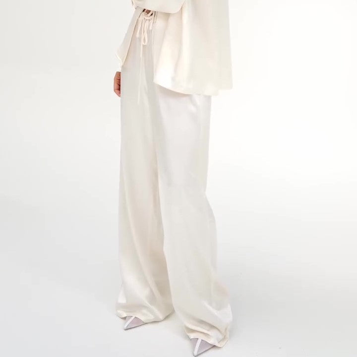 Cream Satin Tie-Front Top And Wide-Leg Pants Set