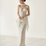 Cream Floral Lace Strapless Sweetheart Corset-Boned Detachable Asymmetric Ruffle-Overlay Midi Dress