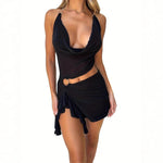 V-Neck Mesh Printed Mini Dress - Black