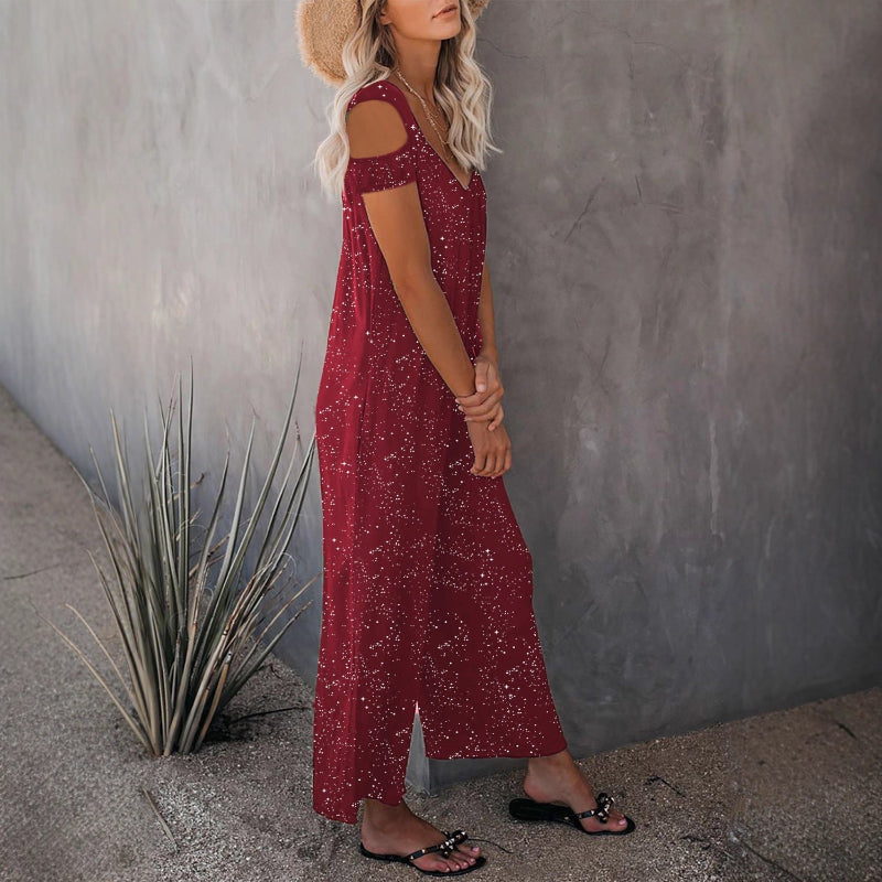 Glitter-Speckle Cold-Shoulder Cap-Sleeve Scoop-Neck Relaxed Wide-Leg Jumpsuit with Pockets — 5 Colours, S–5XL
