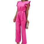 Ruffle Sleeve Belted Wide-Leg Jumpsuit - pink