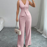Sleeveless Slim V-neck Vest And High Waist Trousers Two-piece Set - pink