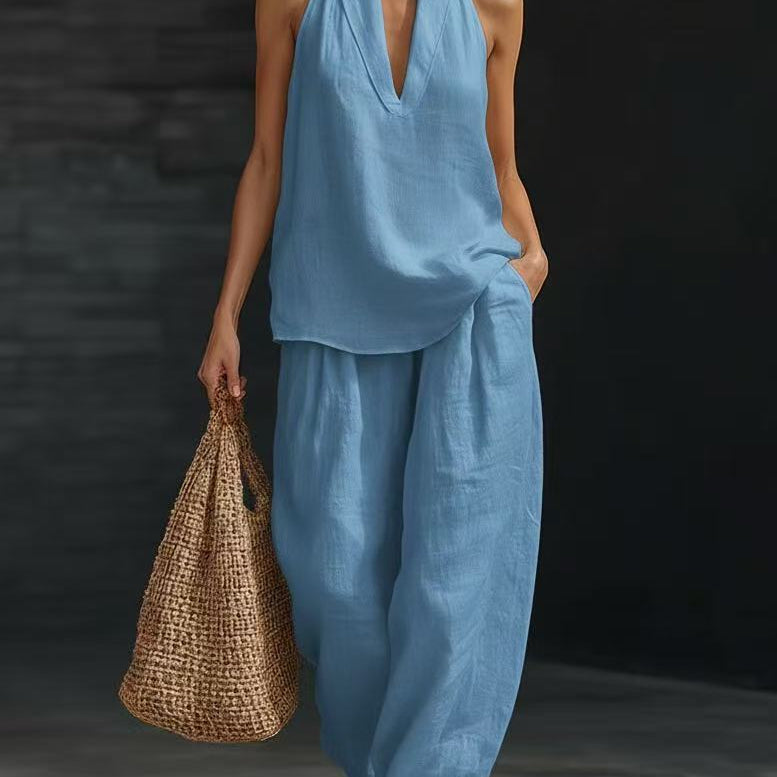 Sleeveless V-neck Halter Top And Wide-leg Pants - blue