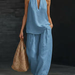 Sleeveless V-neck Halter Top And Wide-leg Pants - blue