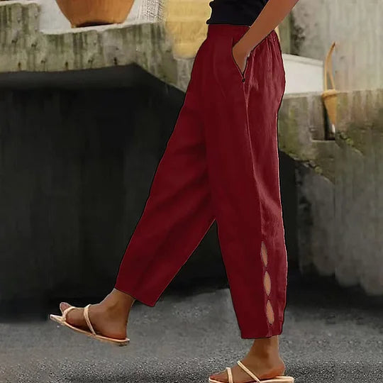 Button-Adorned Bottom Hem Pants - red