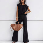2 Piece Casual Set Short Sleeve T-Shirt Vest Loose Wide Leg Pants - black
