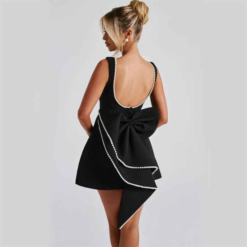 Big-Bowed Pearls Backless Mini Dress
