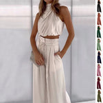 Casual Sleeveless Midriff-baring Top And Wide Leg Pants 2pcs Set - Ivory