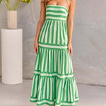 Striped Printed Suspender Long Midi Dress - green and whiite