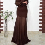 Dark Brown Ruffled Chiffon Blouse & Sheer Mermaid Maxi Skirt 2-Piece Set