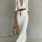 Belted Wrap-Drape Maxi Shirt Dress - khaki - white