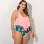 Crochet Frill Top High-Waist Printed Bikini Set — Plus Size - pink