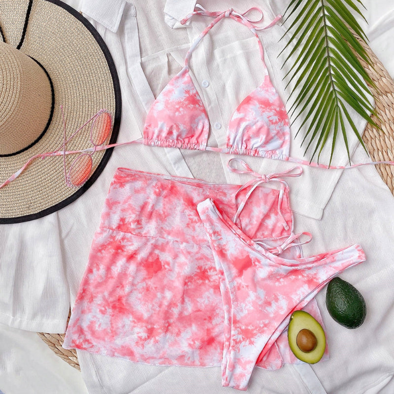 Tie-Dye Triangle Bikini & Ruched Mini Skirt 3-Piece Set