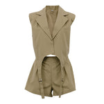 Khaki Oversized Sleeveless Peak-Lapel Exaggerated-Shoulder Asymmetric Hem Blazer & High-Waist Pleated Shorts Co-ord Set