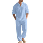 V-Neck Shirt And Long Pants Set - light bue