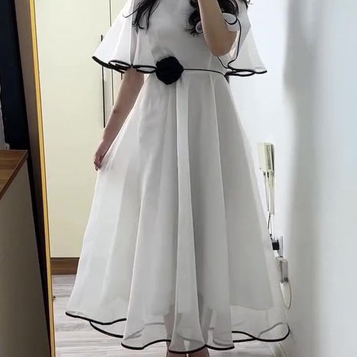 White Chiffon Flutter-Sleeve A-Line Maxi Dress With Black Scallop Trim & 3D Rosette Waist