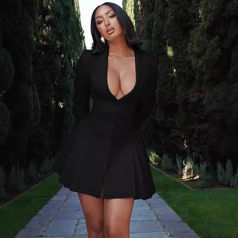 Black or white deep V-neck, long-sleeve short dress made of polyester, featuring a solid color, wrinkle pressing process, cardigan style, high waist, and hood cover front placket, available in sizes S, M, L.
