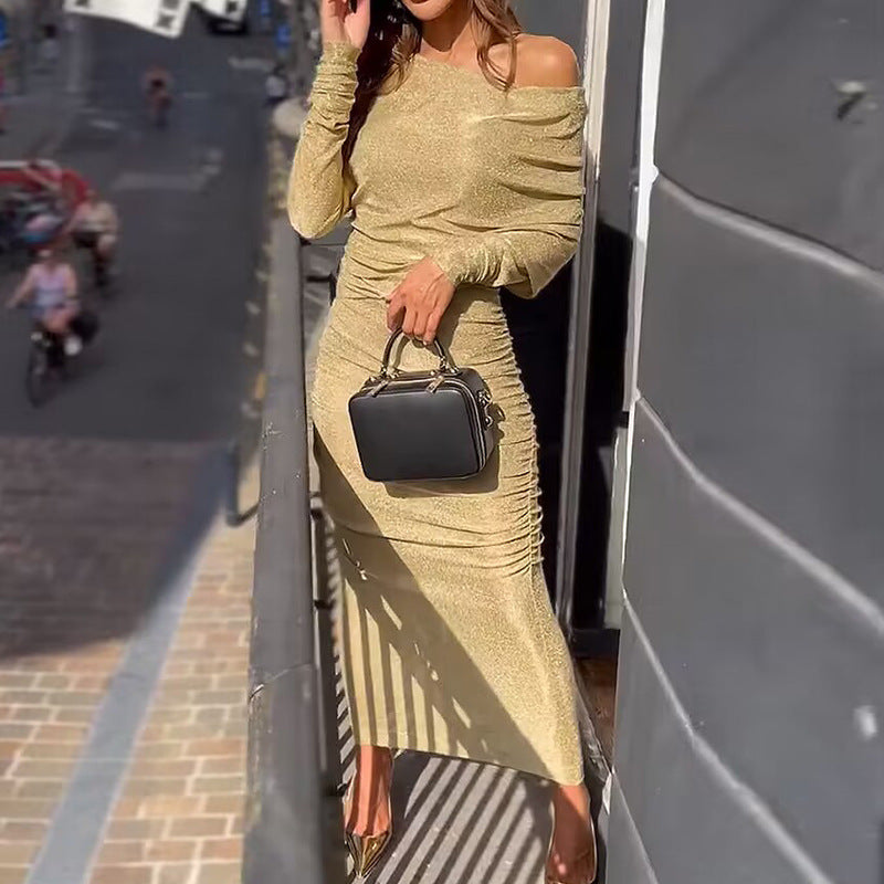 One-Shoulder Split Midi Dress with Off-Shoulder Design - gold