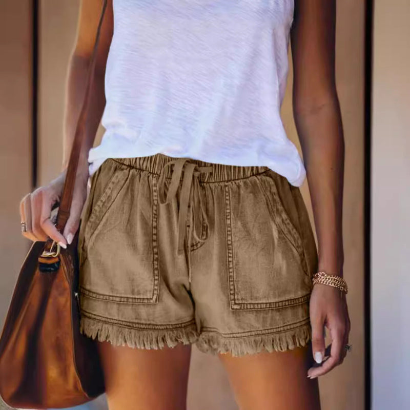 Elastic Waist Fringe Denim Shorts