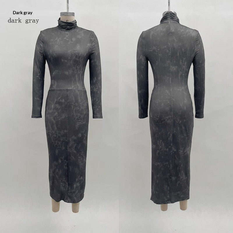 High Neck Long Sleeve Midi Dress - dark grey
