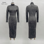 High Neck Long Sleeve Midi Dress - dark grey