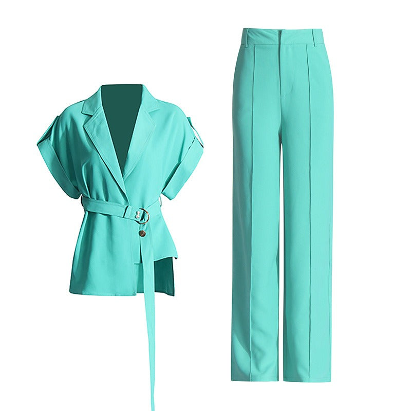 V-neck tie up top+ wide leg pants two-piece set