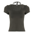 Make a bold statement in this sleek, short-sleeved square neck crop top. Perfect for a confident and stylish look, available in black and military green.