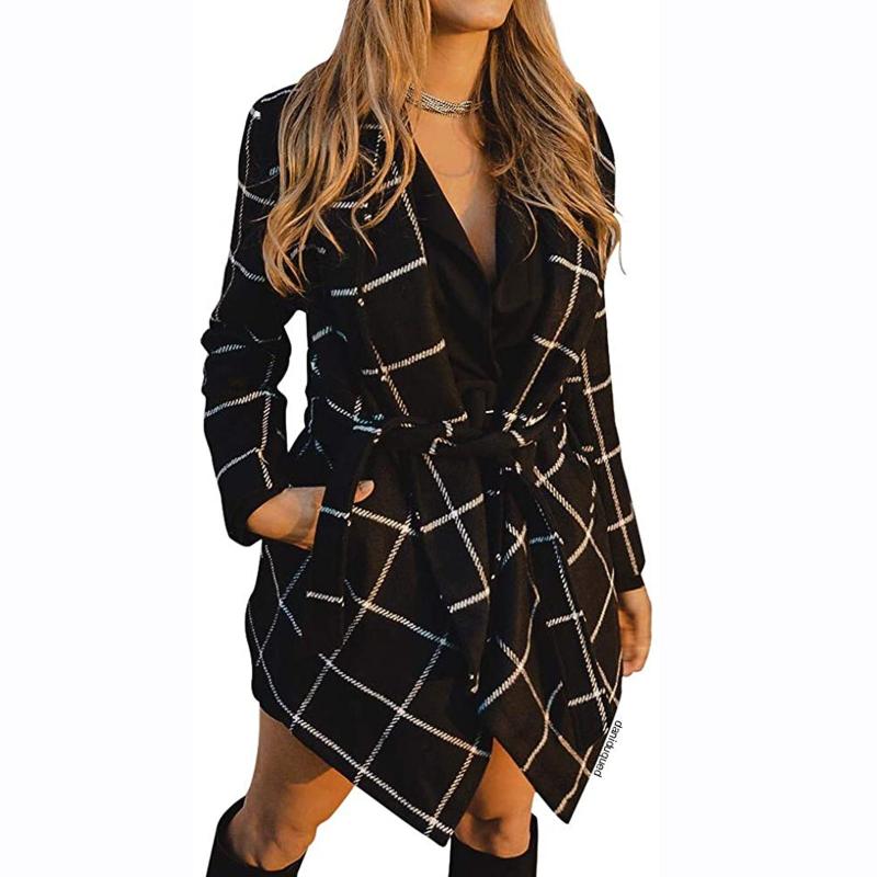 Lace Up Plaid Long Sleeved Coat