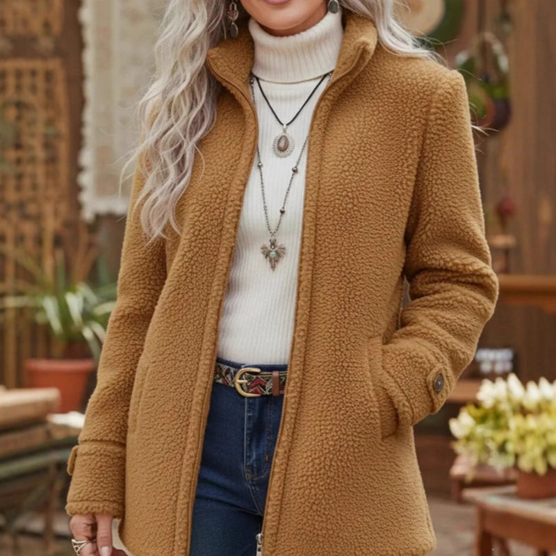Stand Collar Zip-Up Fleece Jacket - brown