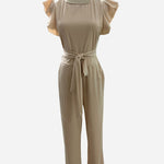 Ruffle Sleeve Belted Wide-Leg Jumpsuit -apricot