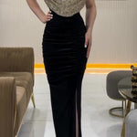 Elegant Velvet Paneled Sequin Slit Evening Maxi Dress