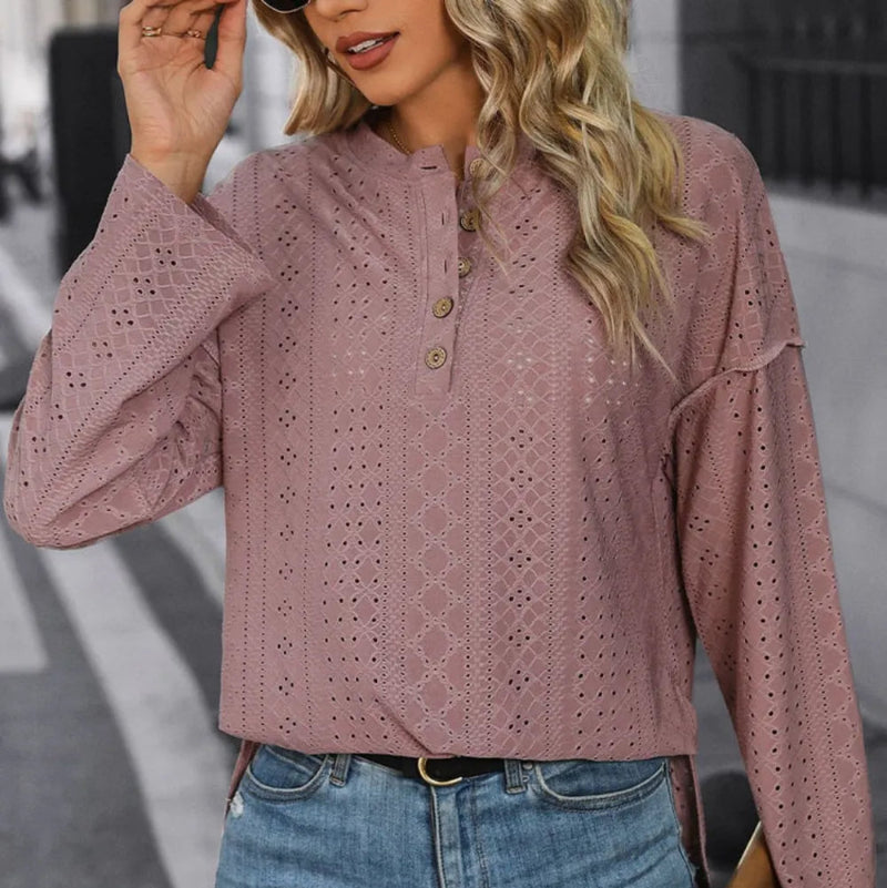Eyelet Round Neck Long Sleeve Top -runwayfashionista.com