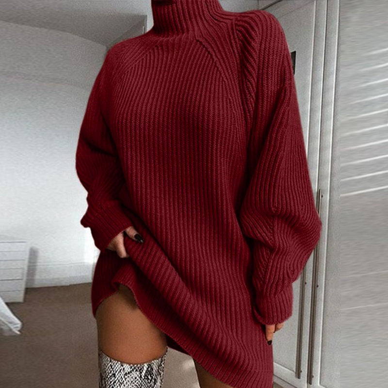 Ribbed Turtleneck Sweater Dress - wine red