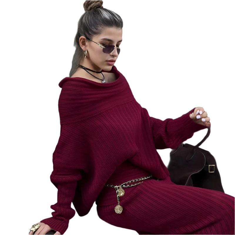 Elegant Off Shoulder Sweater Skirt Suit