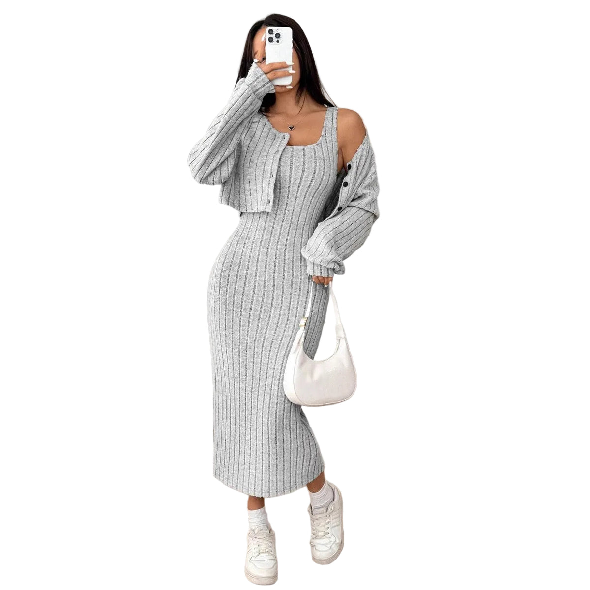 Ribbed Knit Dress and Cropped Cardigan Set - light grey