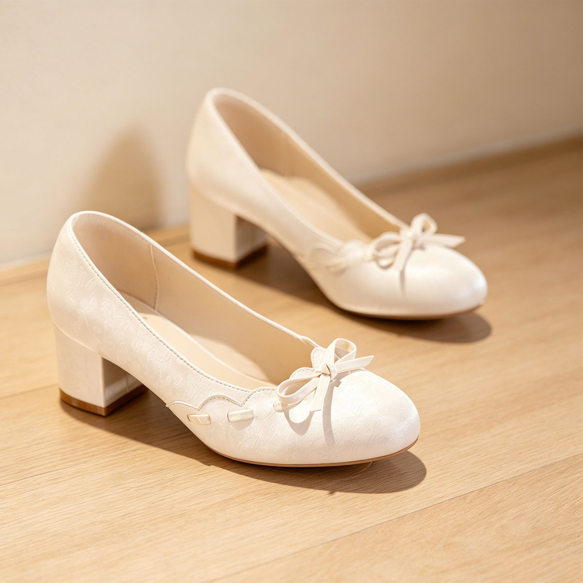 Gentle Satin Bow Block Heel Pumps - white