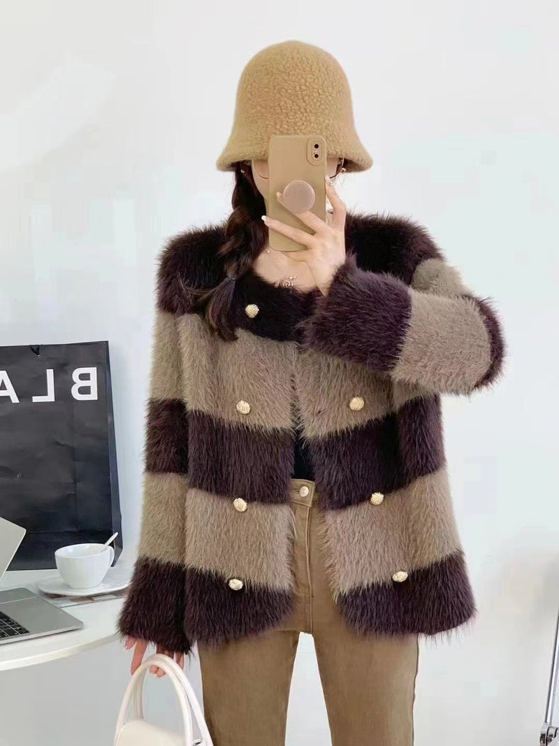 Striped Faux Fur Loose Cardigan - runwayfashionista.com