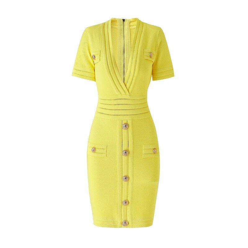 Knitted Short Sleeved V-neck Dress