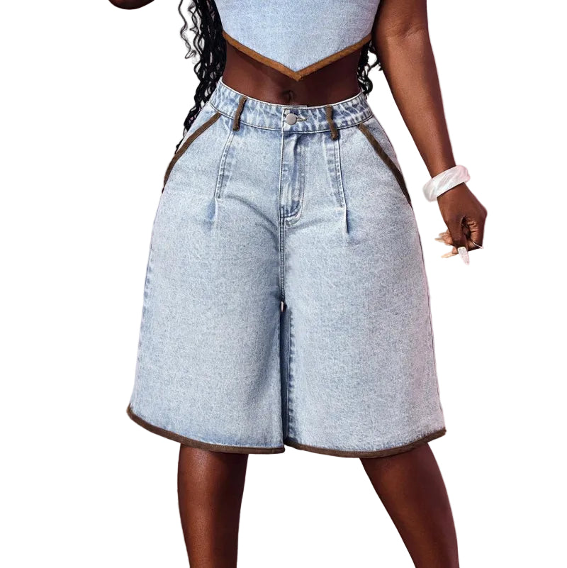 Wide Leg Denim Bermuda Shorts