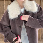 Brown Oversized Coat With White Faux Fur Collar