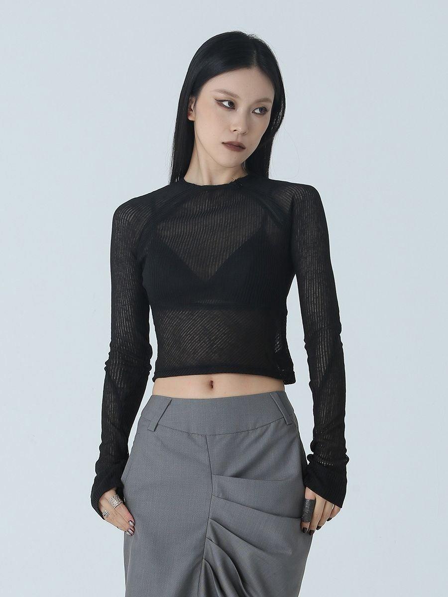 Thin Zipper Slim Perspective Short T-shirt - runwayfashionista.com