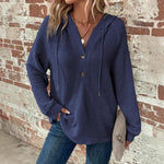 Long-sleeved Drawstring V-neck Hooded Sweater - Navy blue